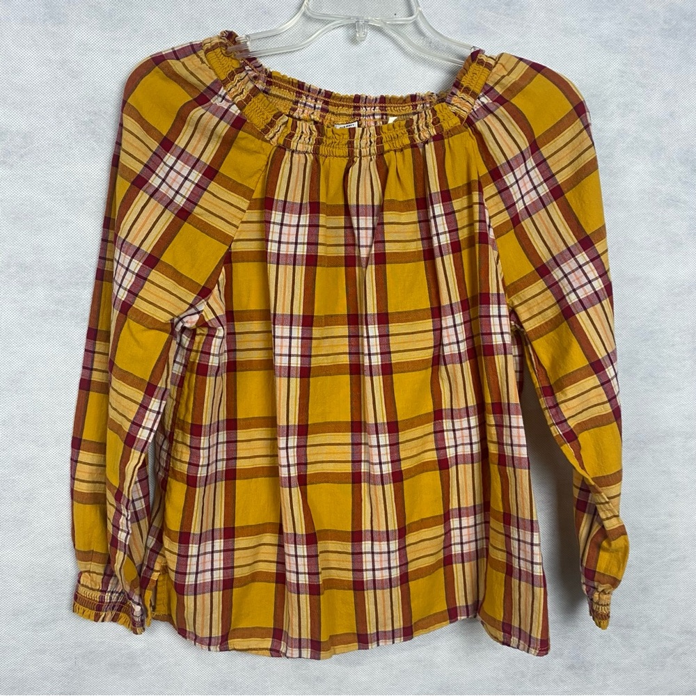 Women’s Old Navy Gold & Maroon Plaid Long Sleeve Boho Peasant Blouse Size Small